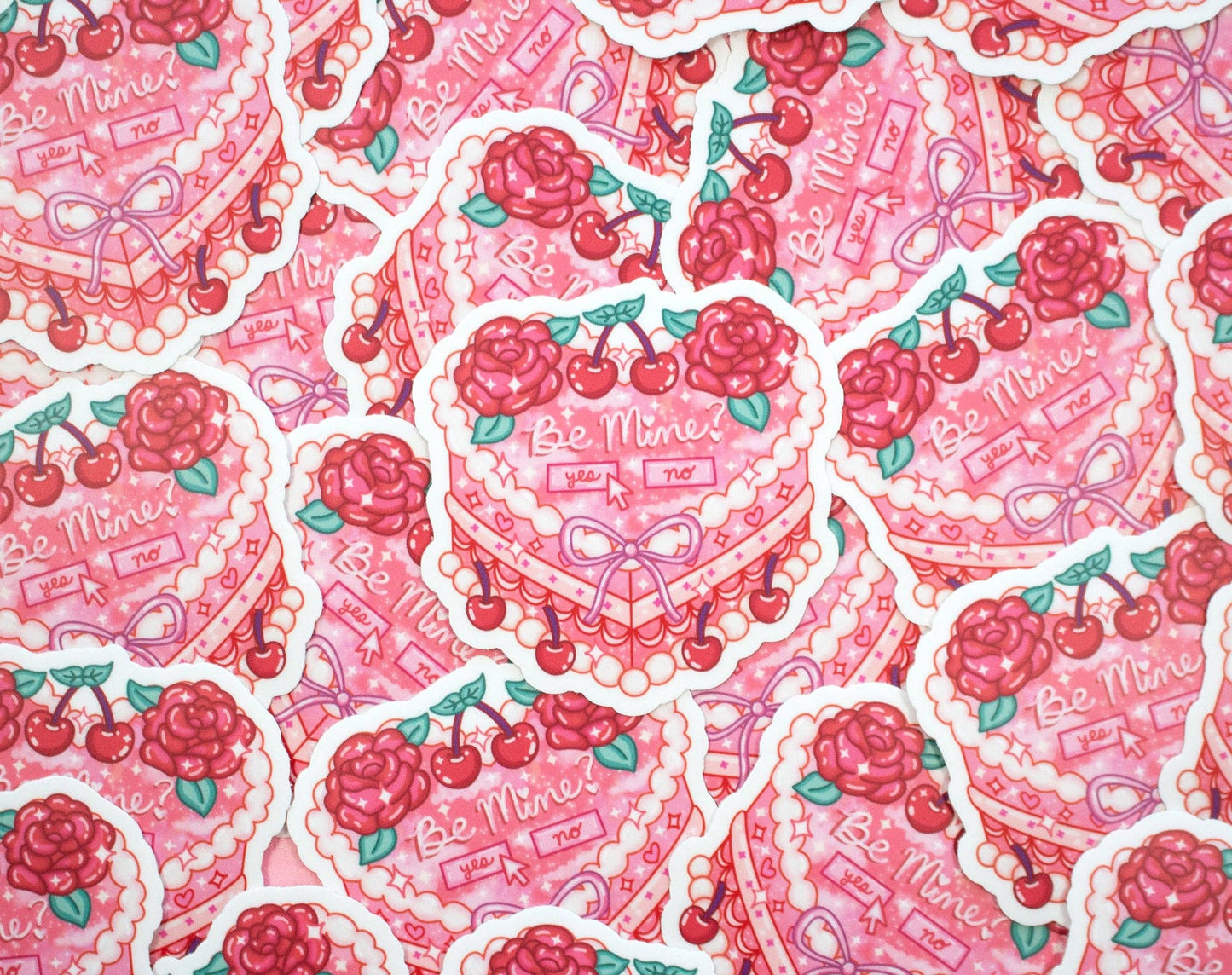 Pattern of pink hearts with roses and cherries on a pink background