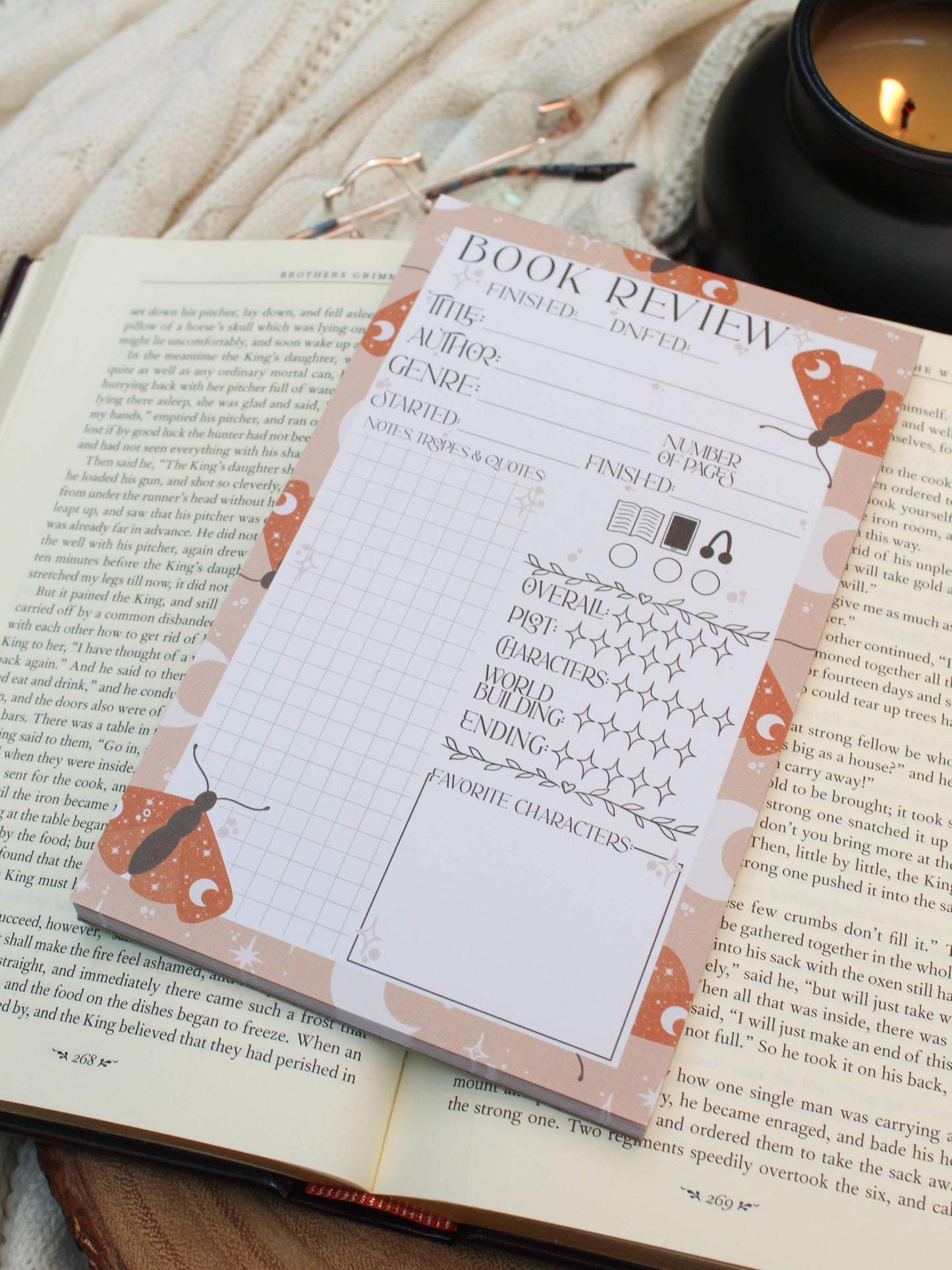 5x8 Book Review Notepad | Celestial Moths | Reading Notepad