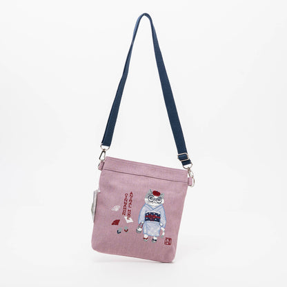 Kusuguru Japan Embroidered Kimono Cat Crossbody Bag: Pink