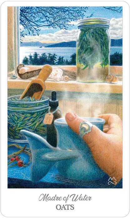 Card from a tarot deck showing a hand holding a cup with a jar of water and a small boat, titled 'Mother of Water'.