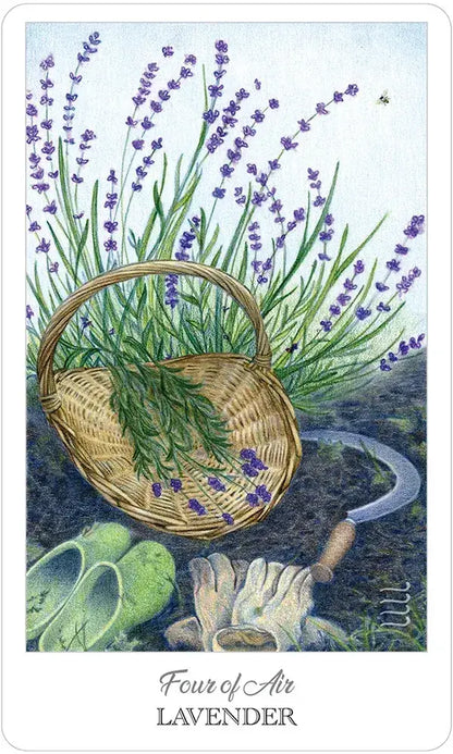 Card featuring a basket of lavender with gardening tools on a blue background