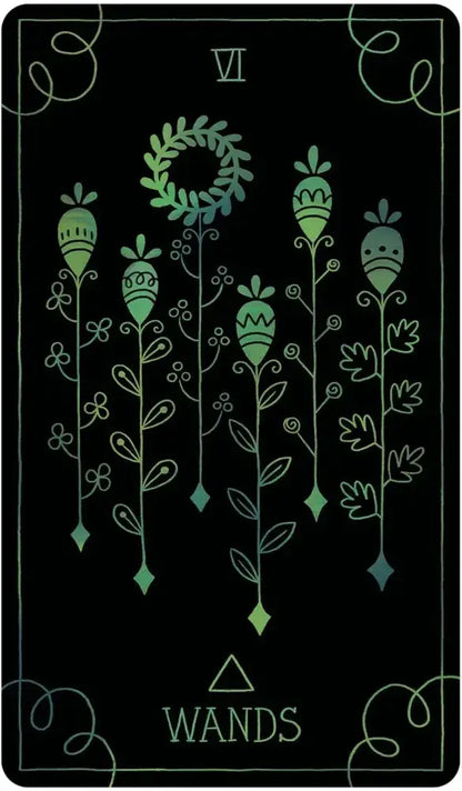 Tarot card with wands symbol and green illustrations on a black background