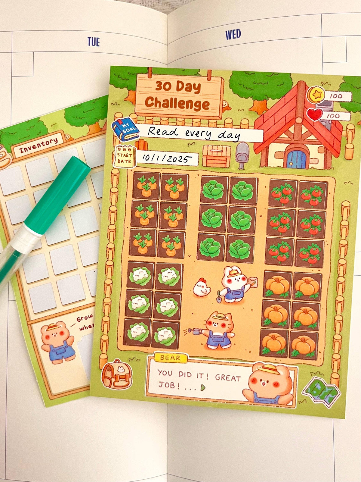 Farm Habit Tracker • 30 Day Monthly Goal Challenge with Stickers (4x5.25 in)