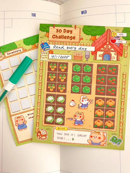 Farm Habit Tracker • 30 Day Monthly Goal Challenge with Stickers (4x5.25 in)