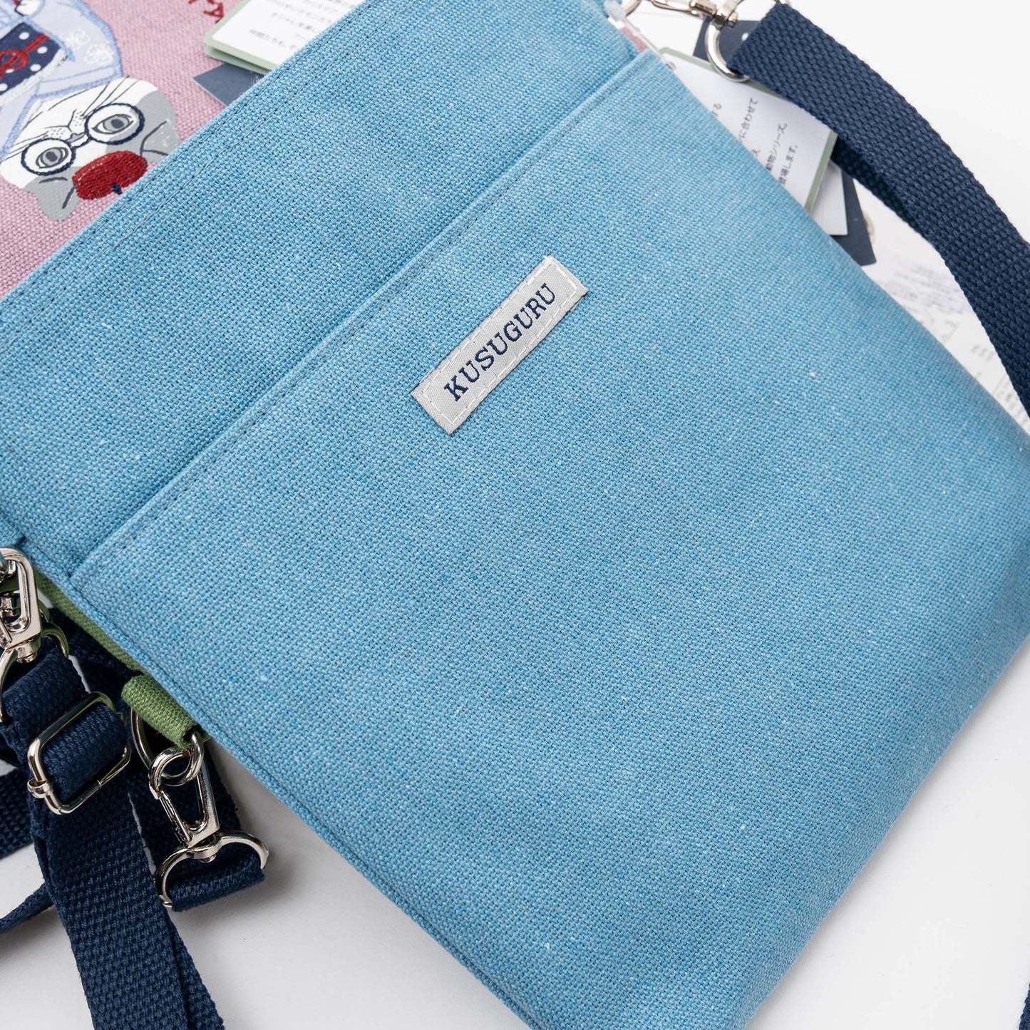 Kusuguru Japan Embroidered Kimono Cat Crossbody Bag: Blue