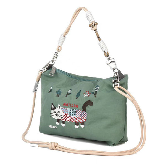 Kusuguru Japan Embroidered Cat Multi-Use Crossbody Bag: Green