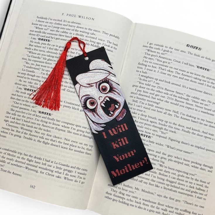 Bookmark with a cartoon character and text on an open book