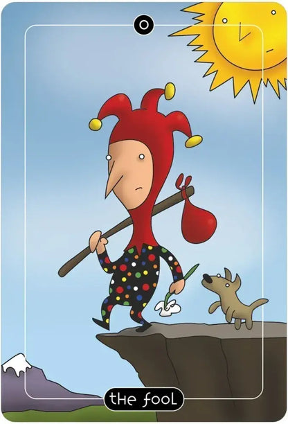 Card featuring a jester character with a dog and sun in the background, labeled 'The Fool'