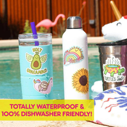 Three colourful water bottles with different stickers on them.