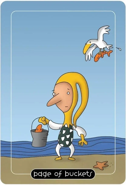 Cartoon character with long yellow hair holding a bucket, with a seagull and fish in the background.
