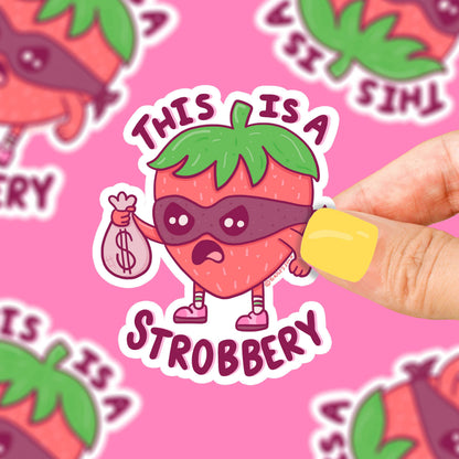 strawberry character sticker and money bag with 'This is Strobberry' text.