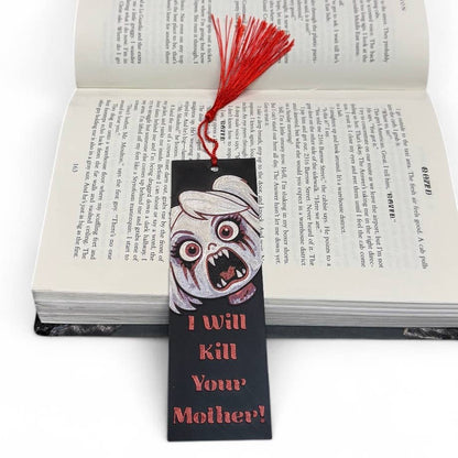 Bookmark with a horror-themed design on an open book