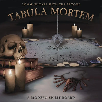 Promotional image of 'Tabula Mortem' with a skull, candles, and a spirit board on a dark background.
