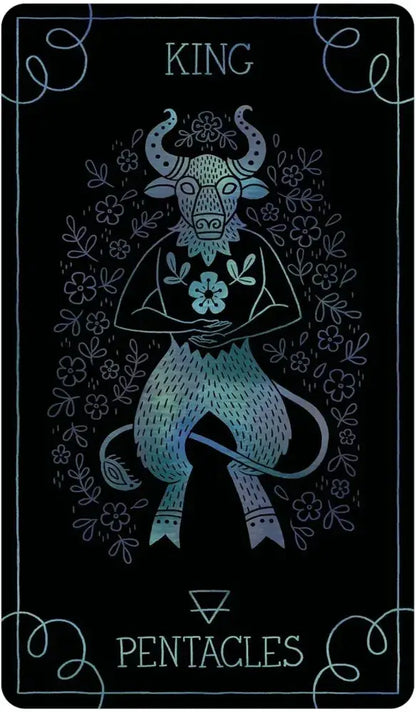 Tarot card featuring a bull with 'King' and 'Pentacles' text on a black background