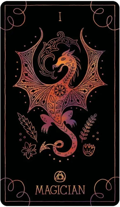Card featuring a stylised dragon with decorative elements on a black background, labelled 'Magician'