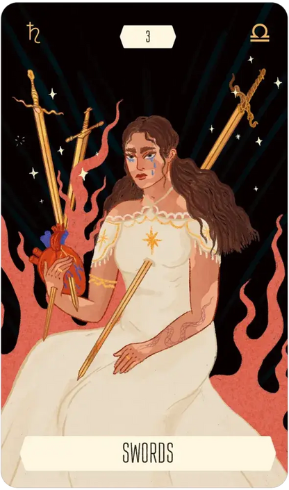 Tarot card featuring a woman holding swords with a dark background and 'Swords' text at the bottom.
