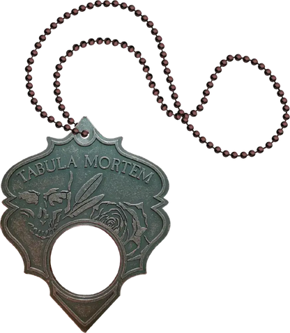Decorative pendant with 'Tabula Mortem' text on a white background