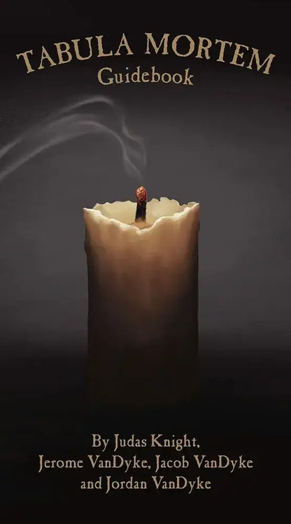 Candle with smoke on a dark background, featuring 'Tabula Mortem Guidebook' text.