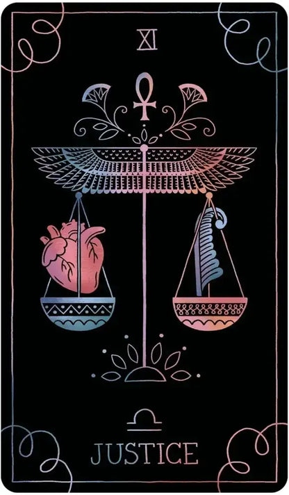 Tarot card featuring the 'Justice' symbol with scales, heart, and an ankh on a black background