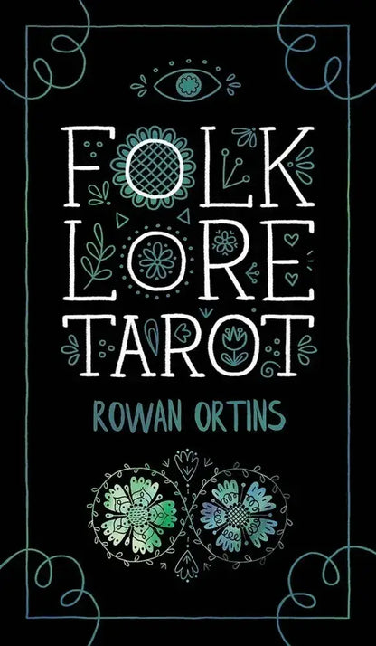Book cover of 'Folklore Tarot' by Rowan Ortins with decorative elements on a dark background.