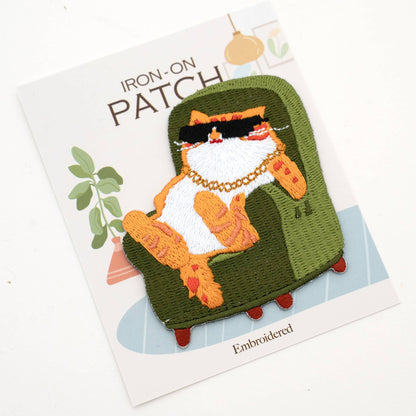 Relaxed Cat Iron On Patch - Chill Kitty Embroidered: Green Sofa Cat