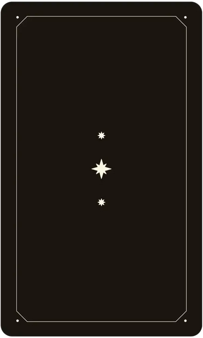 Black rectangular card with white star and dot design on a white background
