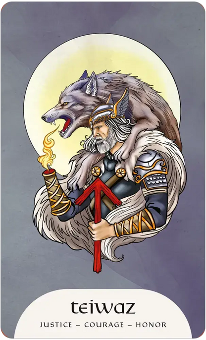 Card featuring a warrior with a wolf and a torch, with 'teiwaz' at the bottom.
