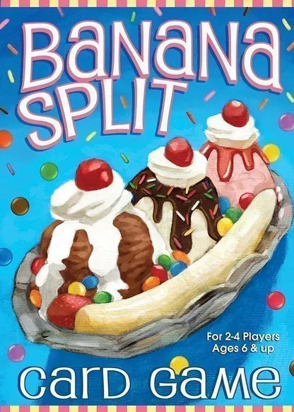 Card game box for 'Banana Split' with ice cream illustration on a blue background