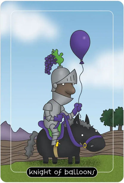 Cartoon knight on a donkey with a purple balloon against a blue sky.