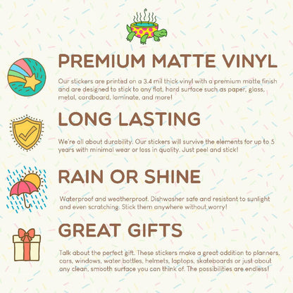Promotional text about premium matte vinyl stickers with icons.