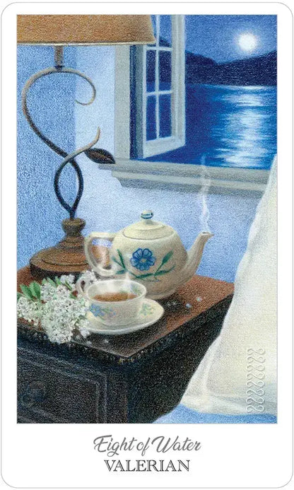 Tea set on a table with a scenic window view, featuring 'Eight of Water' from the Valerian tarot card.