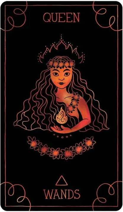 Tarot card featuring a stylized illustration of a woman with 'Queen of Wands' text on a black background