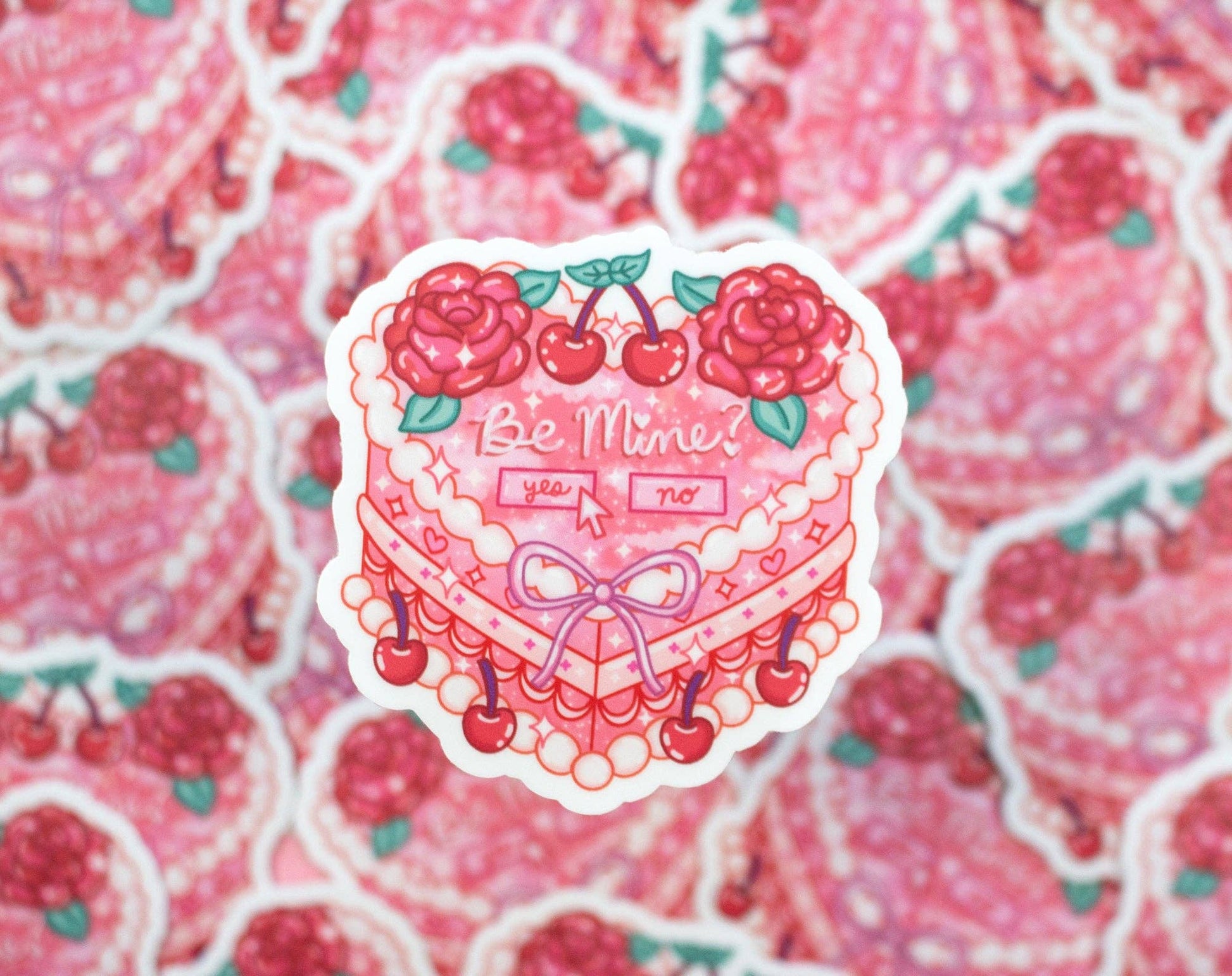 Heart-shaped sticker with roses and cherries on a pink heart pattern background