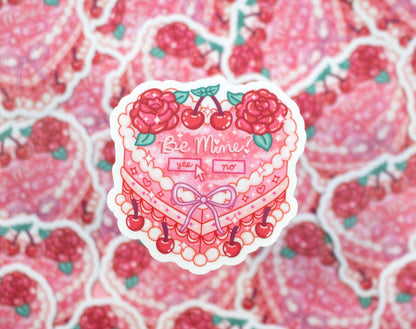 Heart-shaped sticker with roses and cherries on a pink heart pattern background