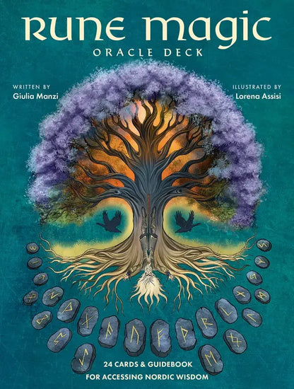 Cover of 'Rune Magic Oracle Deck' with a tree design and runes on a blue background.