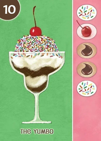 Illustration of a large ice cream sundae with sprinkles and a cherry on top, labeled 'The Yumbo'.