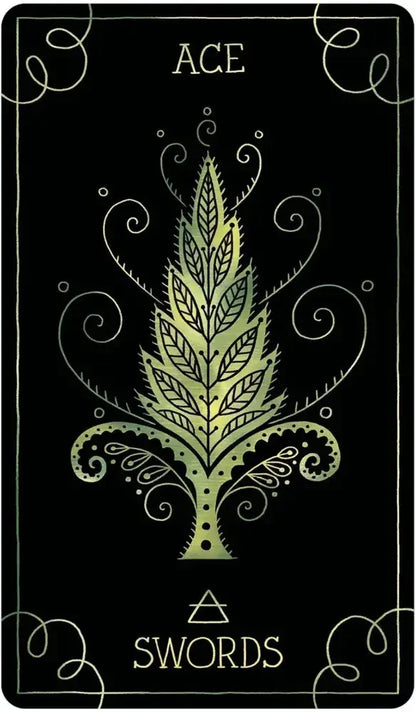 Ace of Swords tarot card with green leaf design on a black background