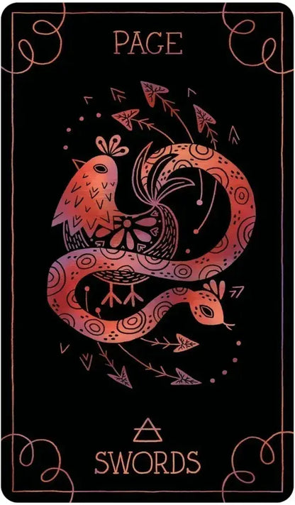 Tarot card with a phoenix and snake design on a black background