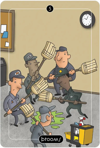 Cartoon illustration of workers with brooms and a clock on a beige background, featuring the brand 'brooms'