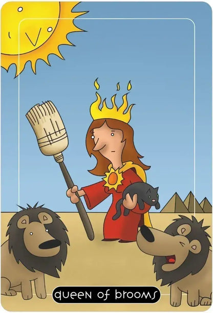 Card featuring a character holding a broom with two lions and a sun in the background, labeled 'Queen of Brooms'