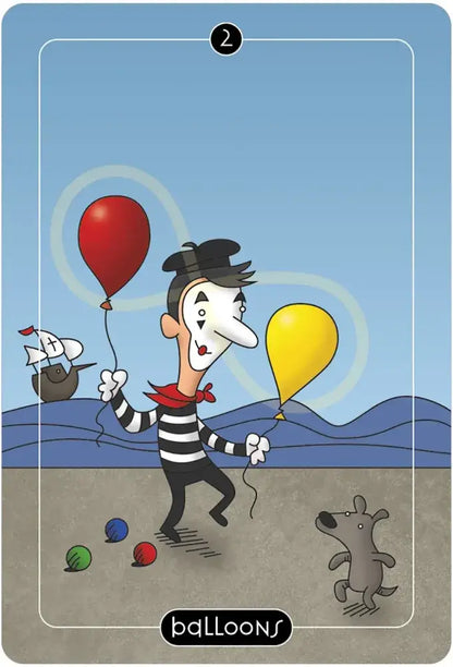 Cartoon character with balloons on a card with 'balloons' text