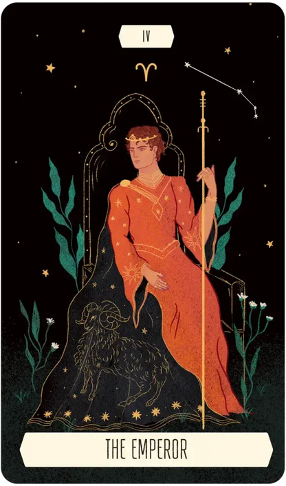Tarot card featuring 'The Emperor' with a person in an orange robe holding a staff, against a starry night sky.