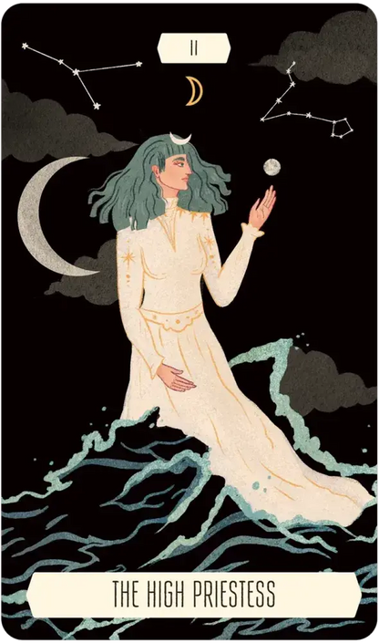 Card featuring 'The High Priestess' with a woman in a white dress against a night sky with celestial symbols.