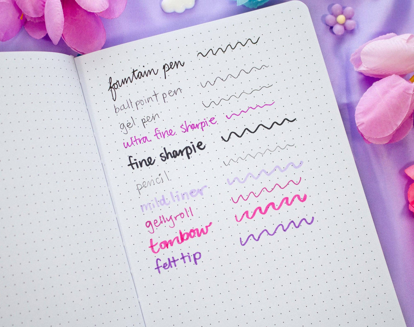 Notebook with various pen tests on a purple background with flowers