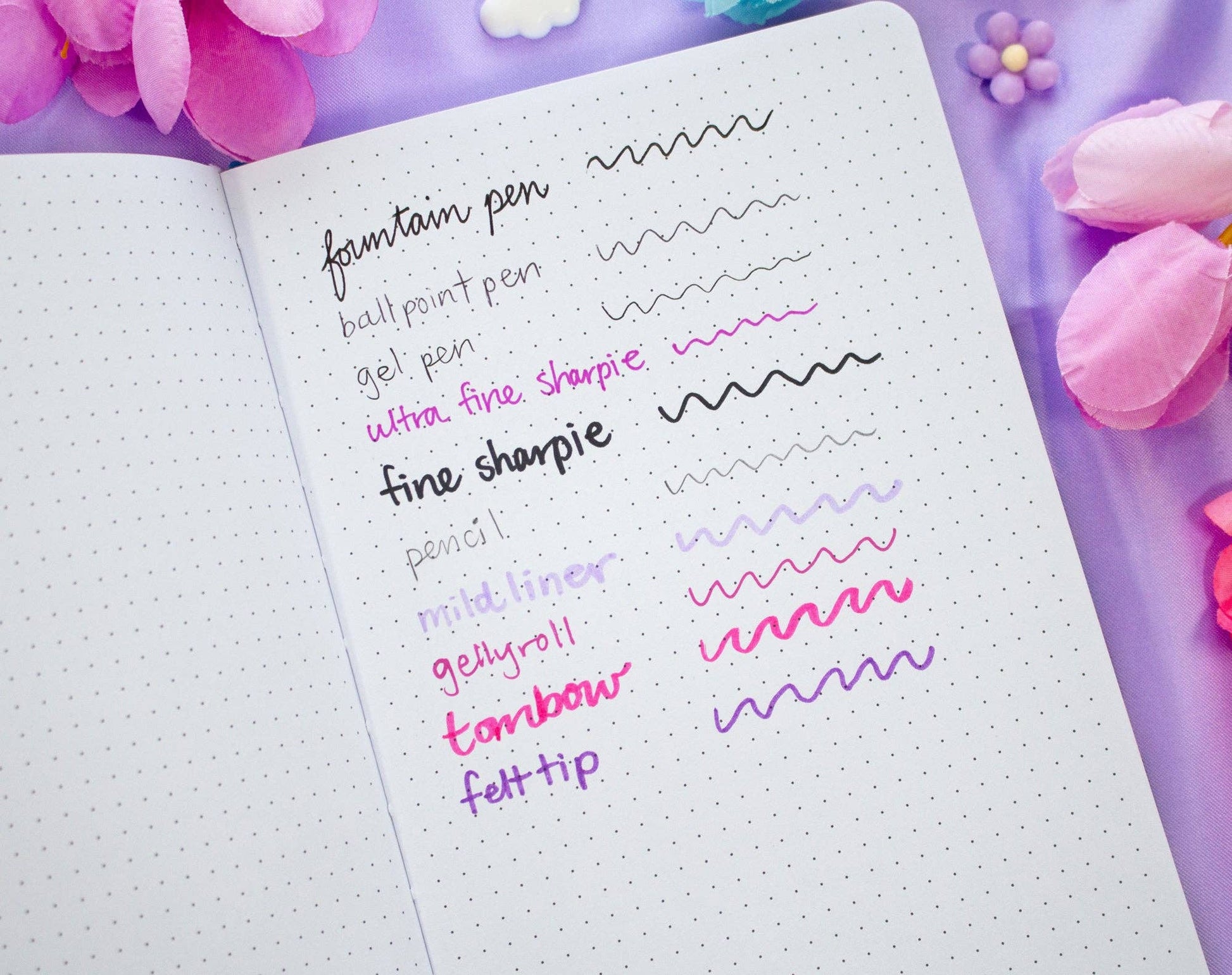 Notebook with various pen tests on a purple background with flowers