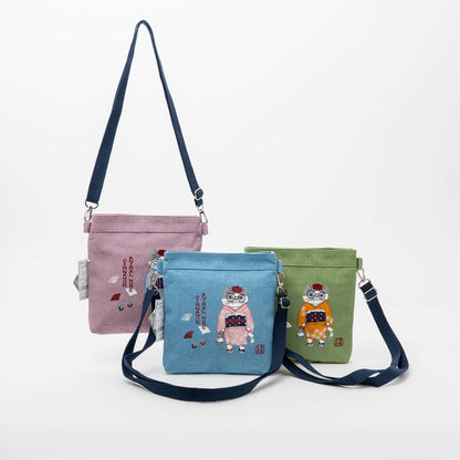 Kusuguru Japan Embroidered Kimono Cat Crossbody Bag: Blue