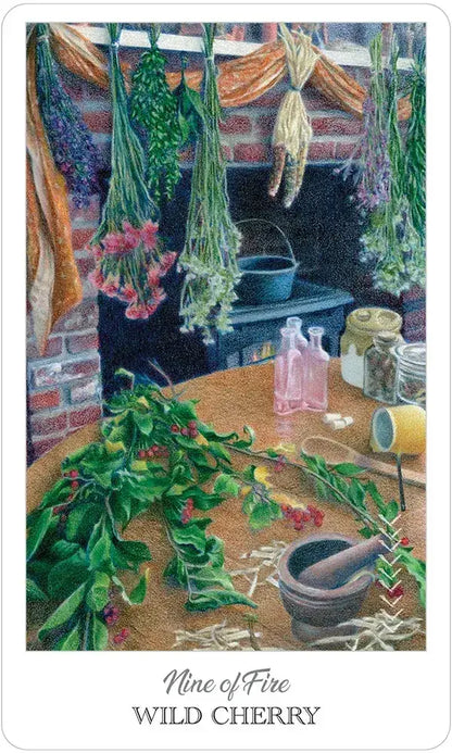 Card from a tarot deck showing herbs and a mortar and pestle with 'Nine of Fire Wild Cherry' text.