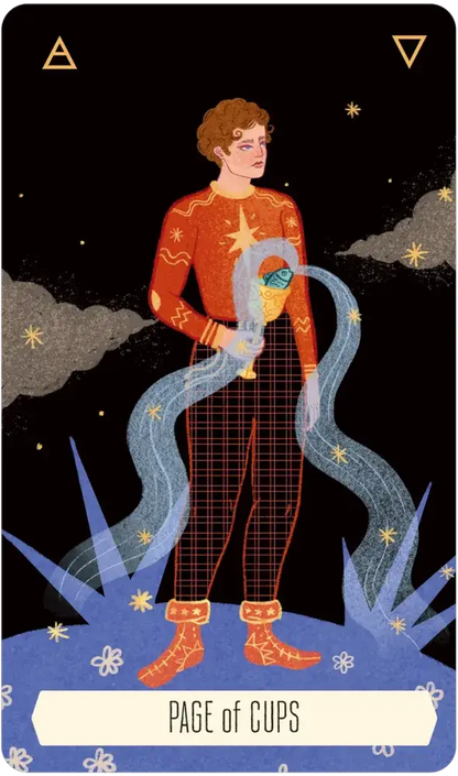 Tarot card titled 'Page of Cups' featuring a person in a red sweater with cosmic design