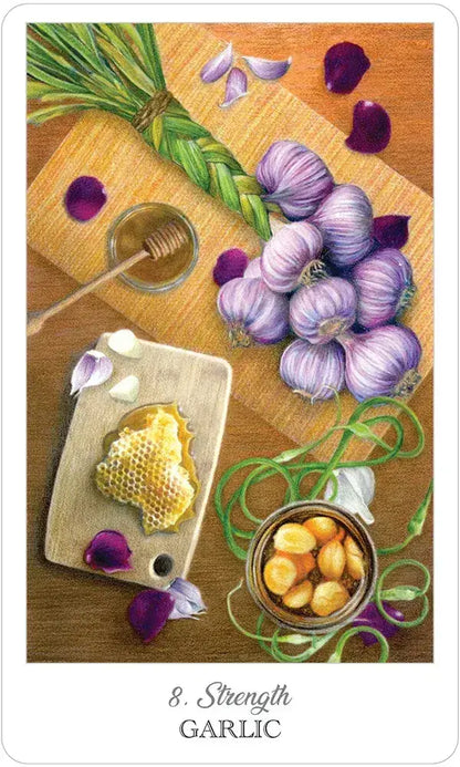Garlic bulbs, honeycomb, and honey on a wooden surface with honeycomb and honey.