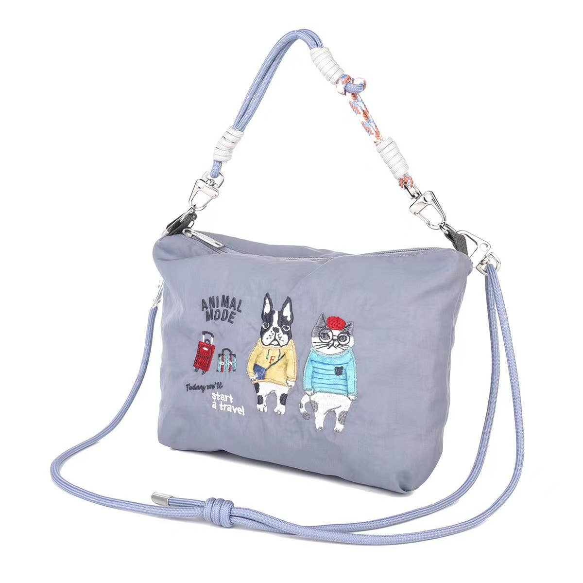Kusuguru Japan Embroidered Cat Multi-Use Crossbody Bag: Gray